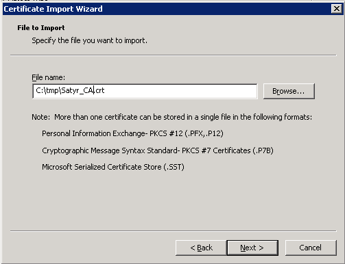 Selecting the certificate to import