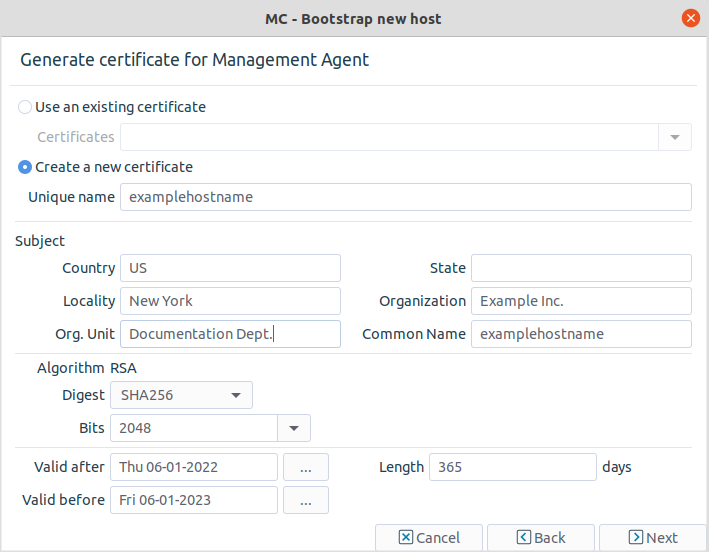 Creating a certificate for SSL communication establishment