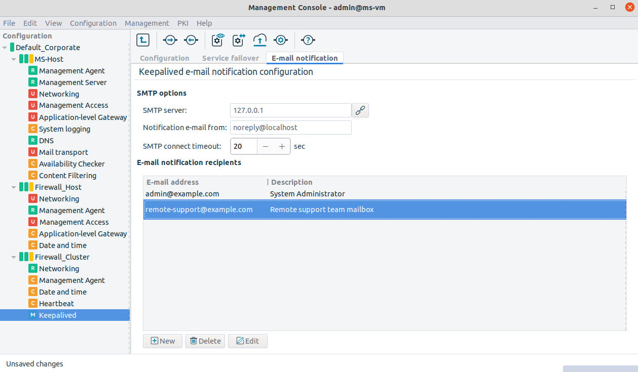 Configuring Keepalived component under E-mail notification tab