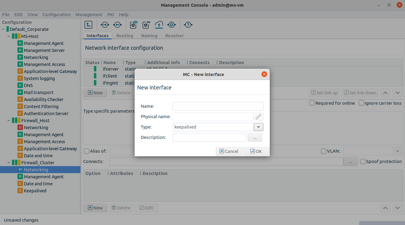 Setting interface type to 'Keepalived' in the Networking component