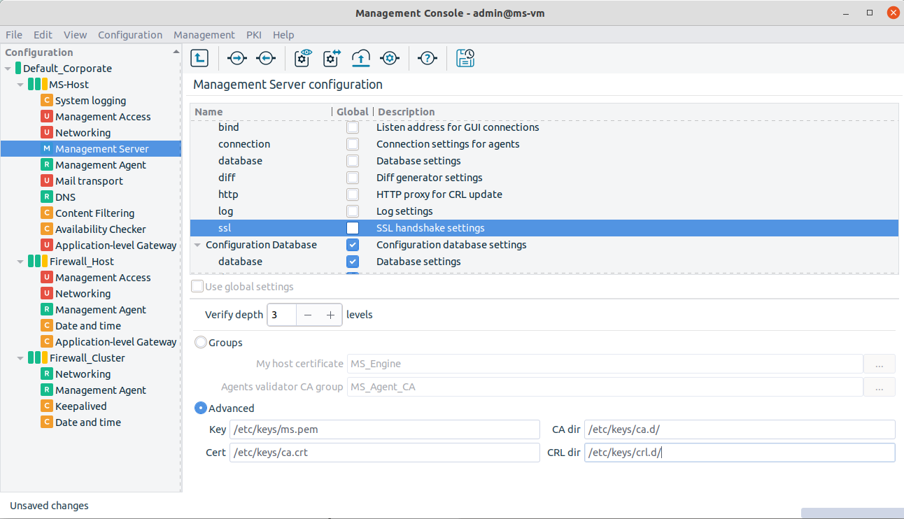 Advanced settings for SSL connection