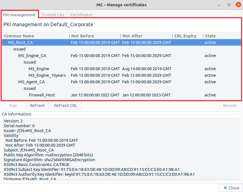 The PKI management navigation window