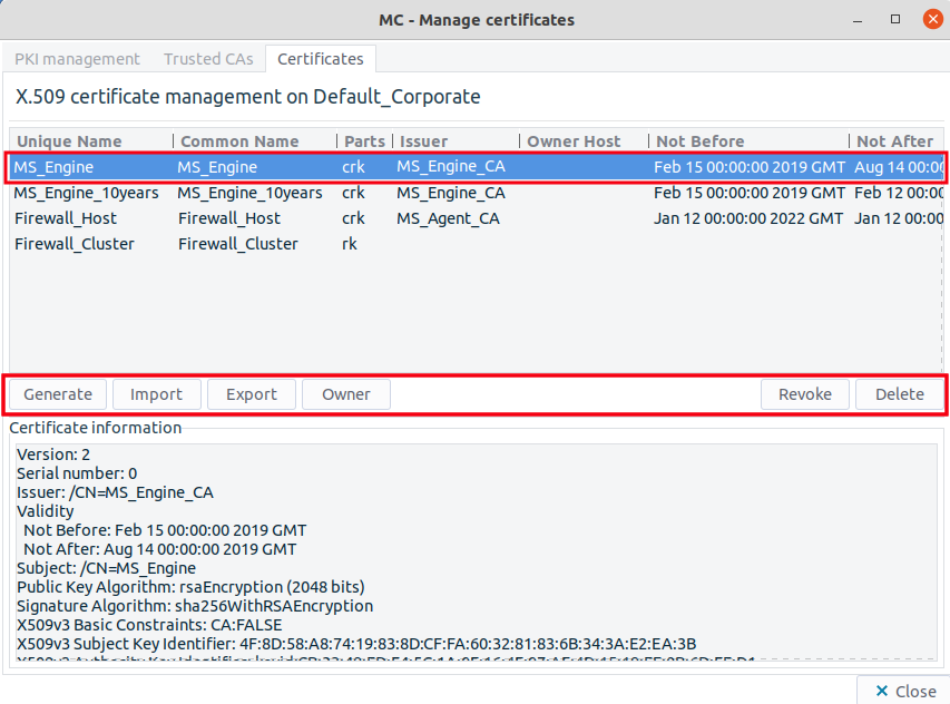 The Certificates command bar