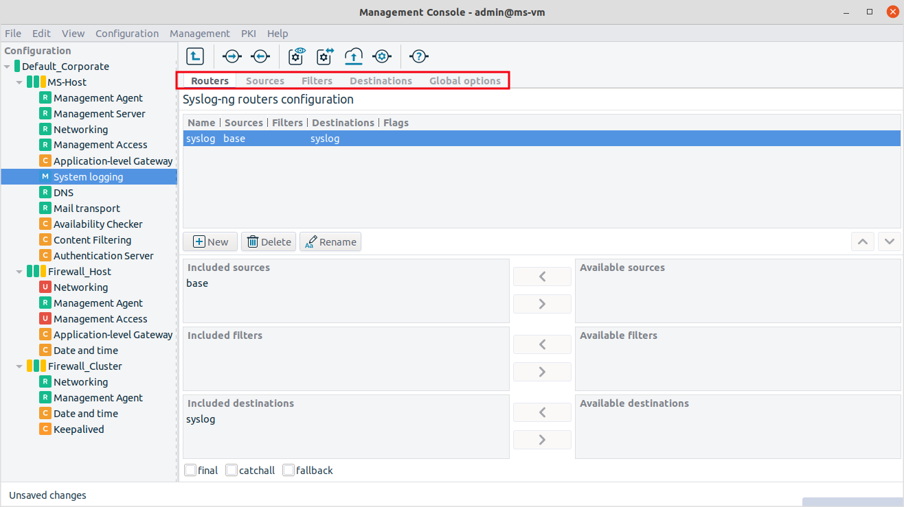 Configuration tabs for the system logging component