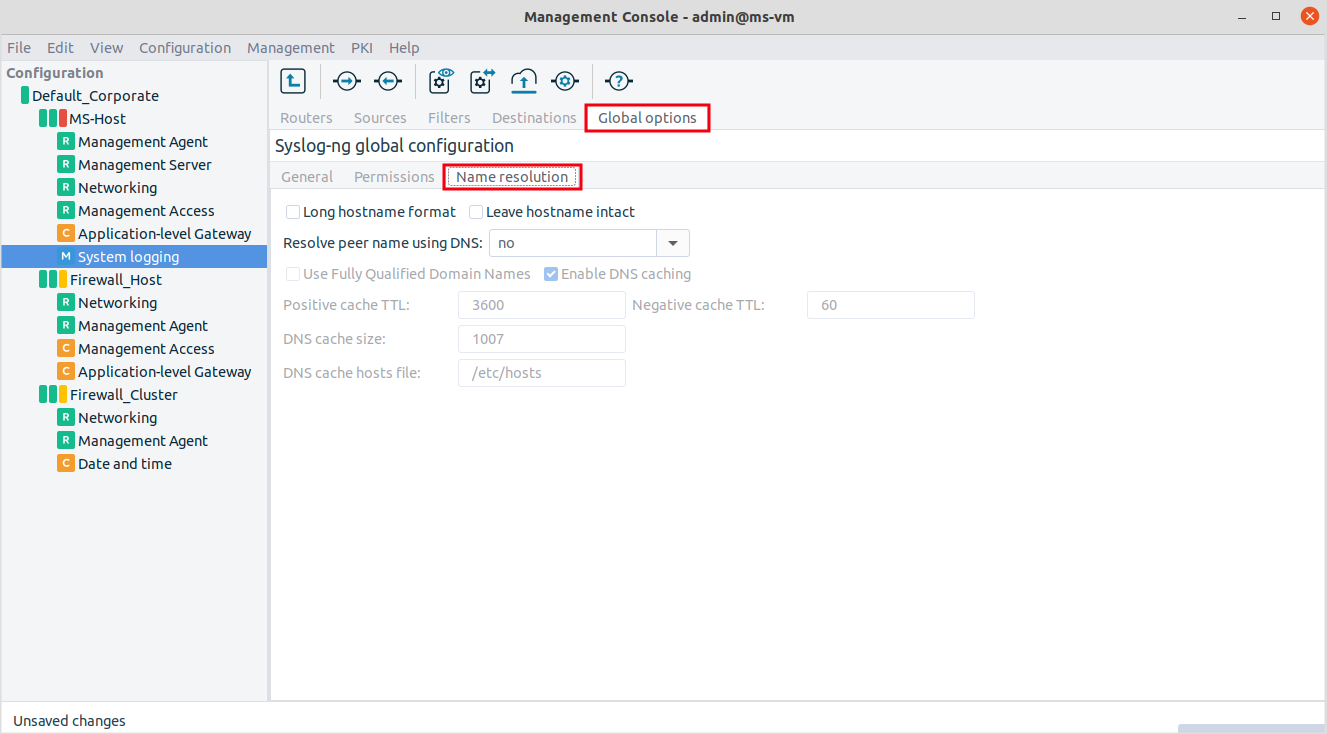 Name resolution settings for syslog-ng