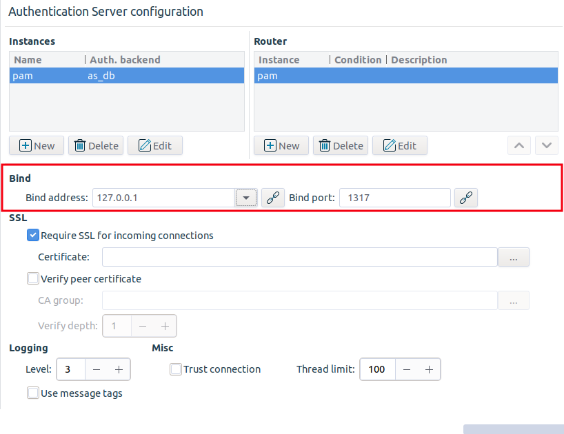 Configuring the bind parameters of AS