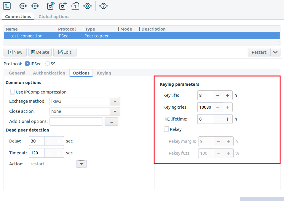 Configuring keying parameters at IPSec Options tab