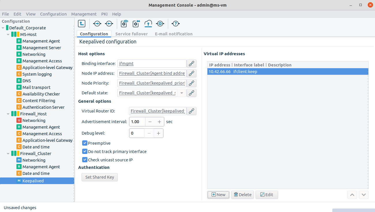 The configuration options for Keepalived component under Configuration tab