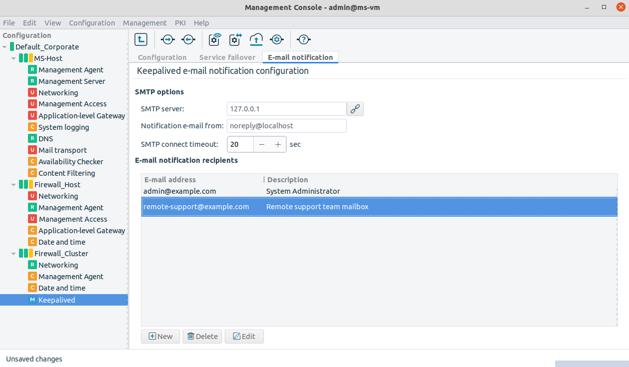 Configuring Keepalived component under E-mail notification tab