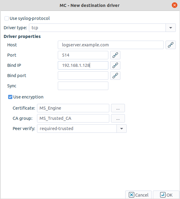 Configuring the syslog destination