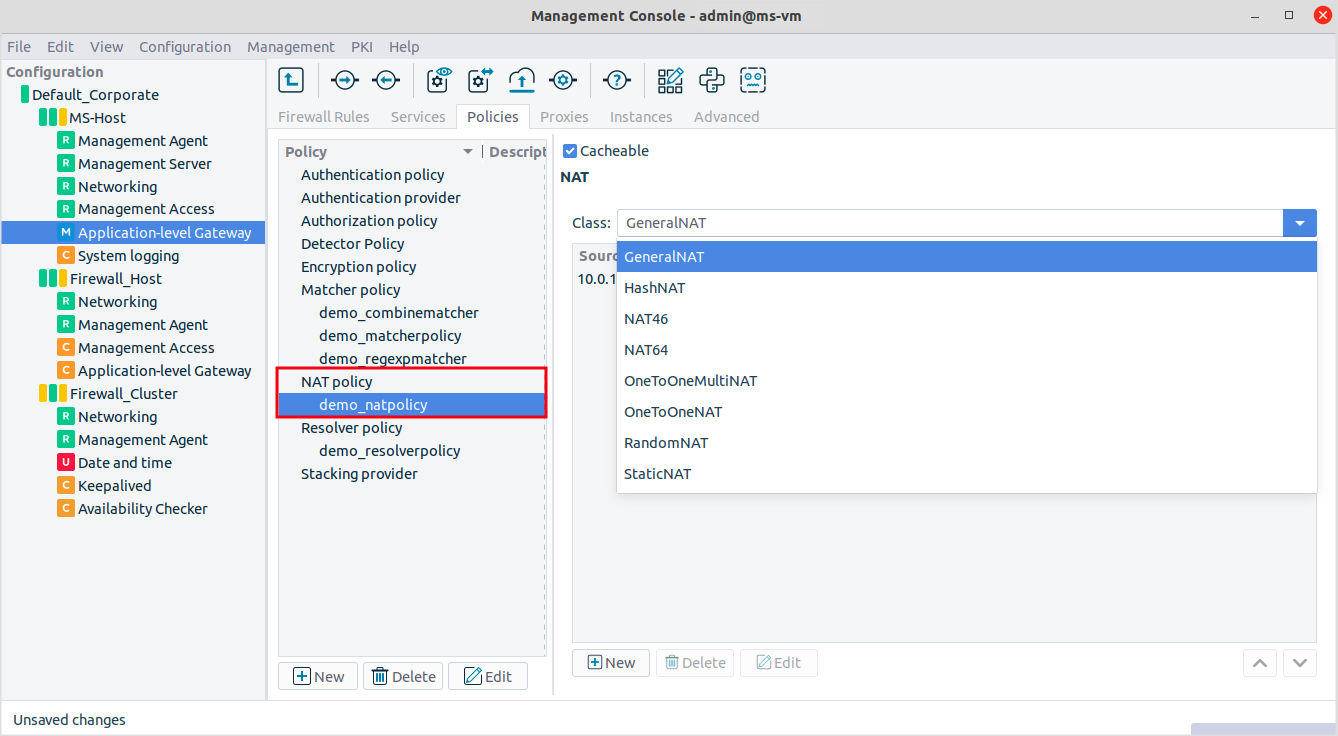 NAT policy configuration window