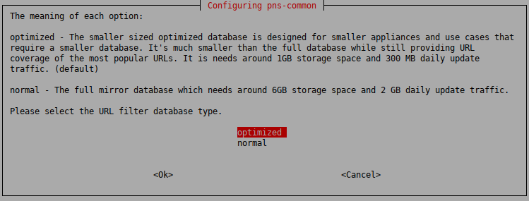 Configuring pns-common - Selecting the size of the URL filtering database