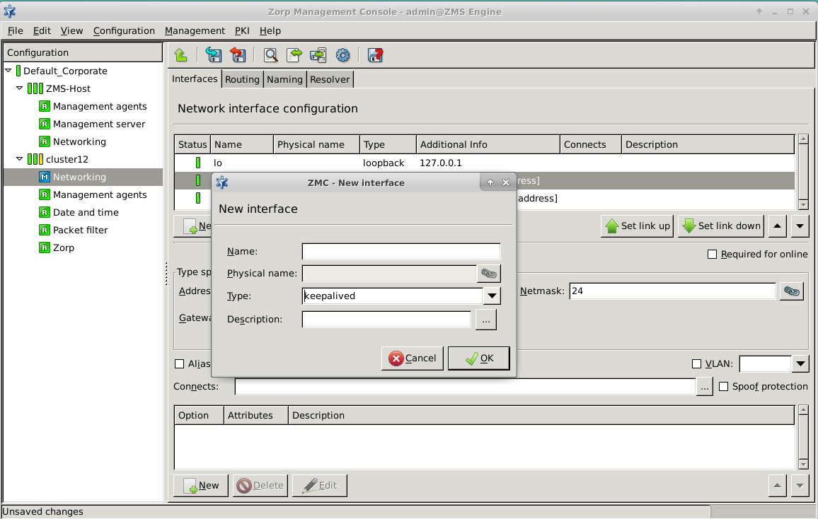 Setting interface type to 'Keepalived' in the Networking component