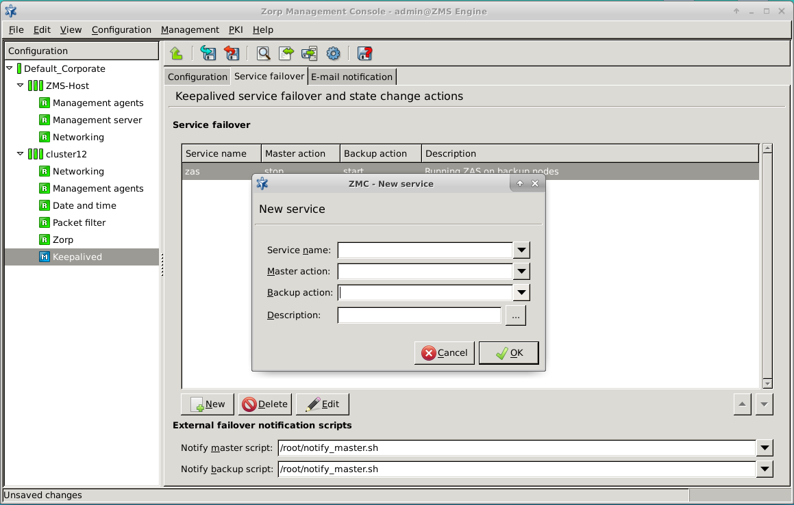 Configuring Keepalived component under Service failover tab