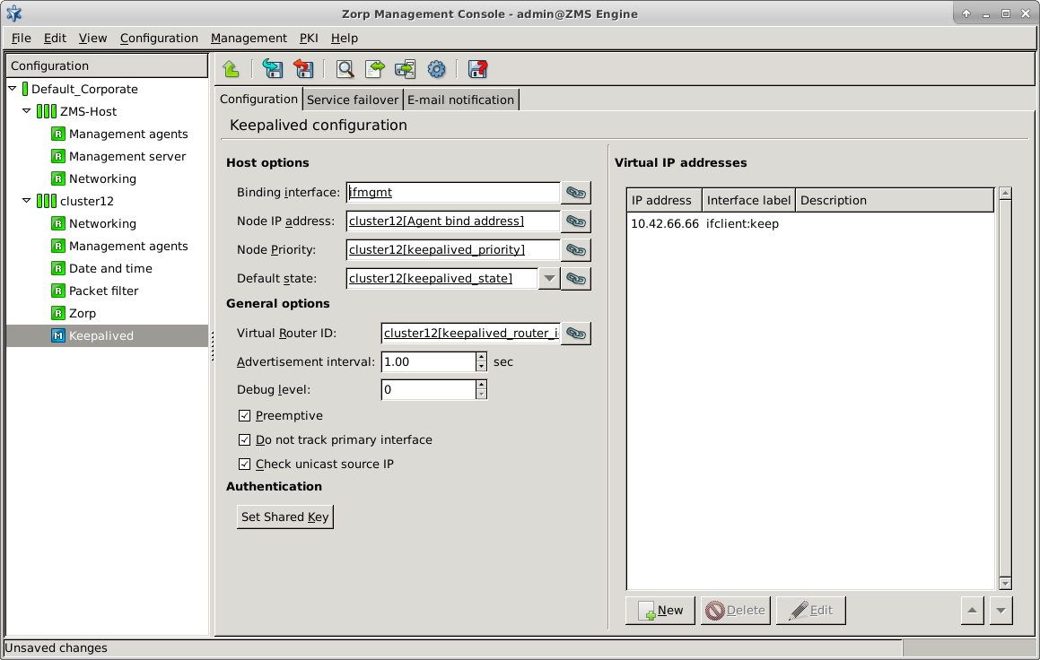 The configuration options for Keepalived component under Configuration tab