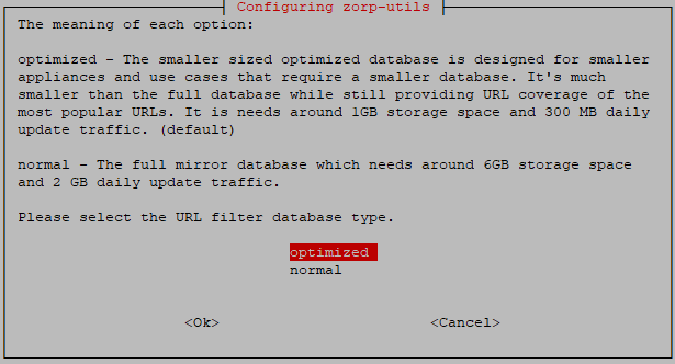 Configuring zorp-utils - Selecting the size of the URL filtering database