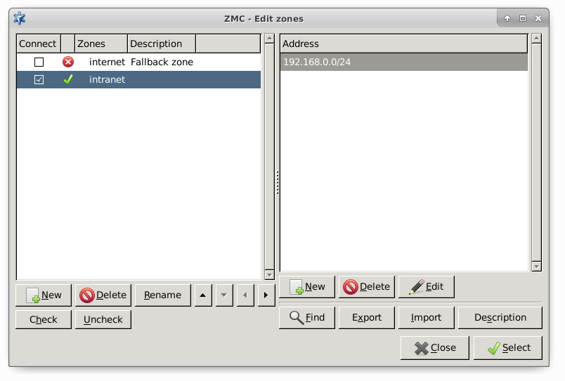 Zone selection for the Connects control