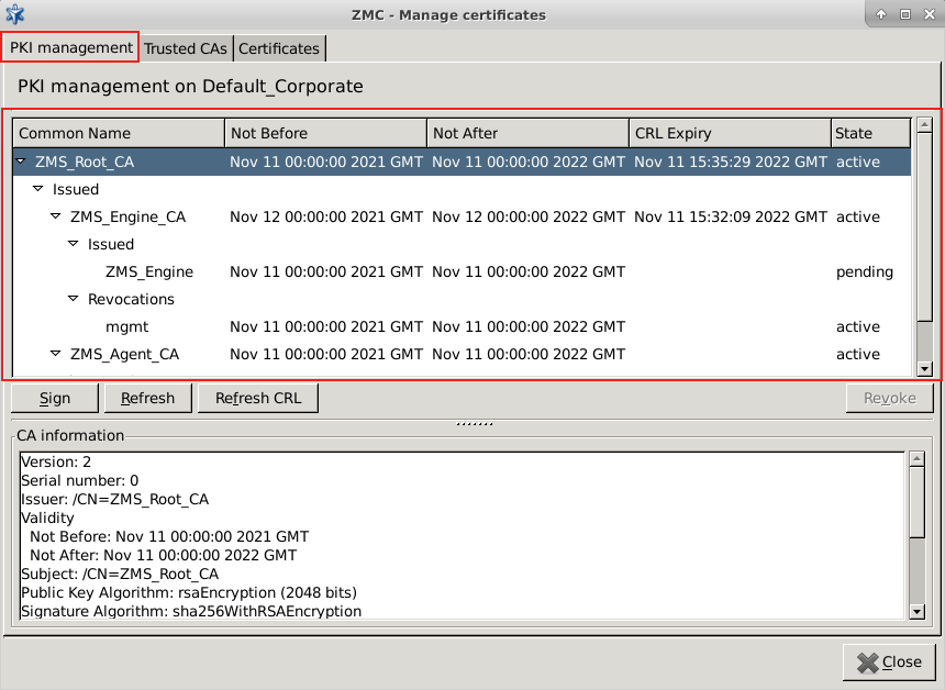 The PKI management navigation window