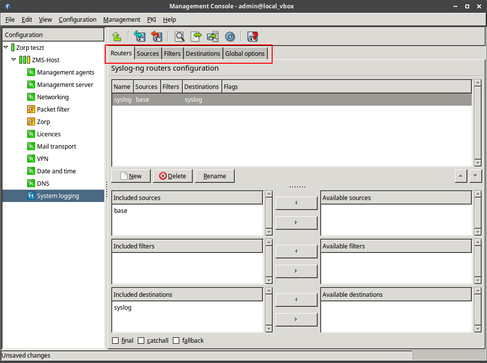 Configuration tabs for the system logging component