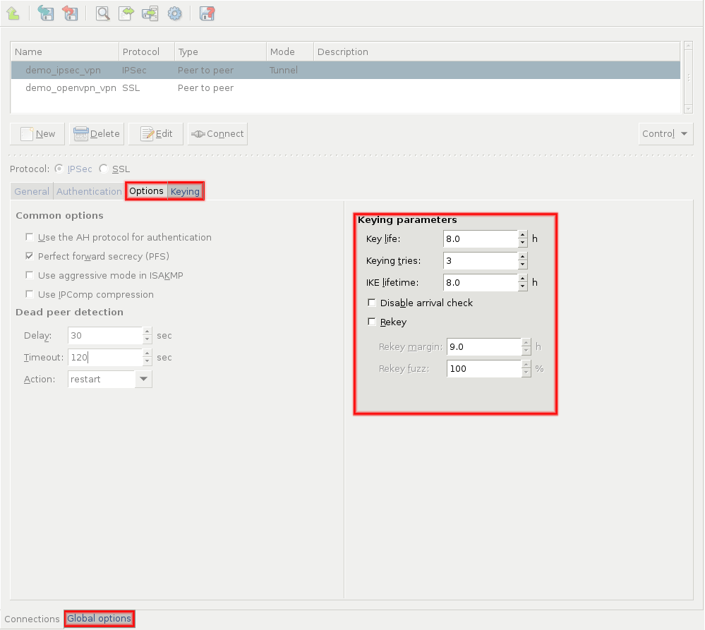 Configuring keying parameters at IPSec Options tab