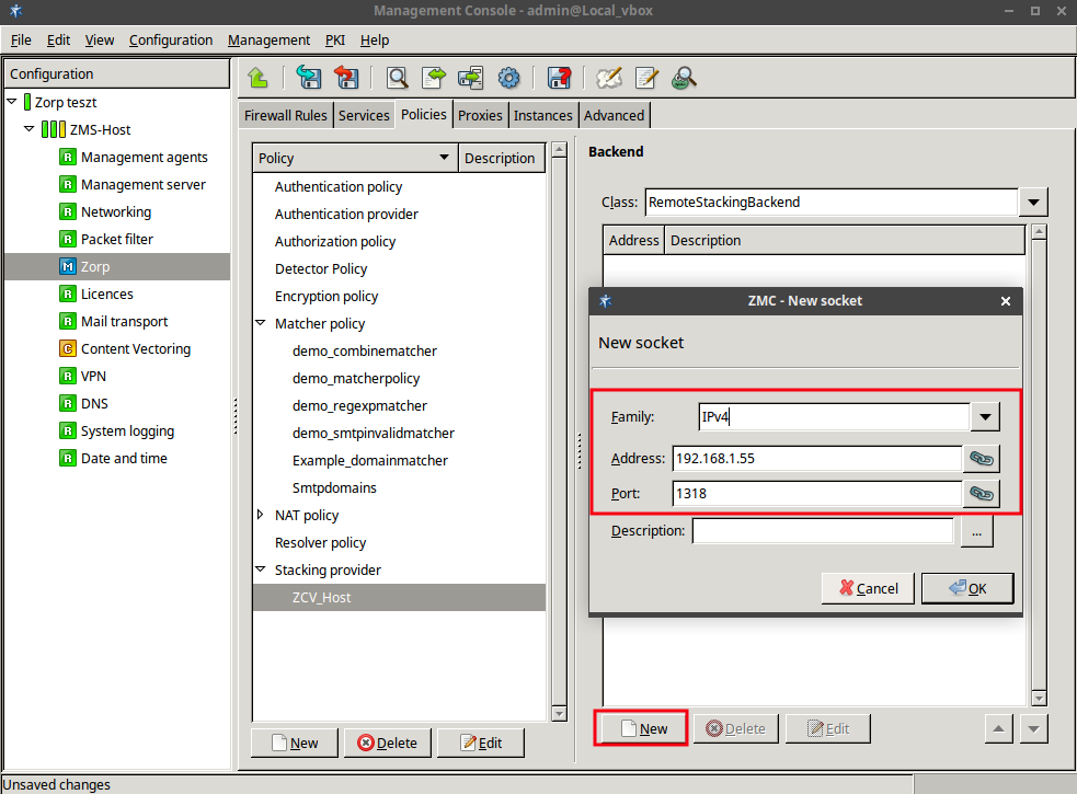 The connection settings of Zorp and ZCV 2/2