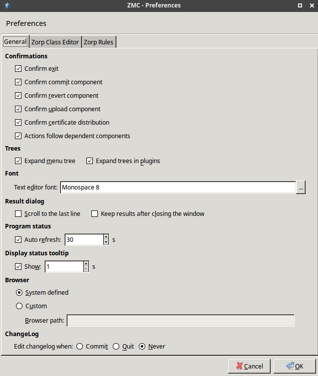 Edit > Preferences... > General - Editing ZMC preferences