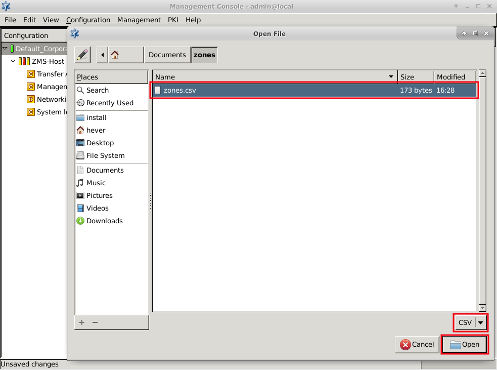 Selecting the zone for import