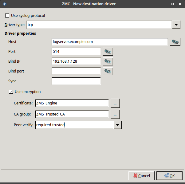 Configuring the syslog destination