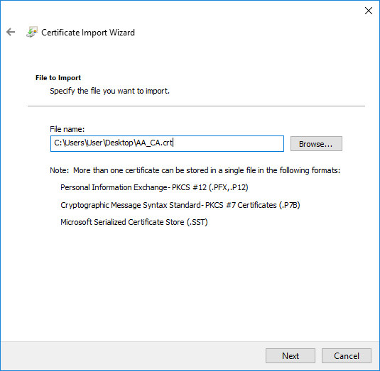Selecting the certificate to import